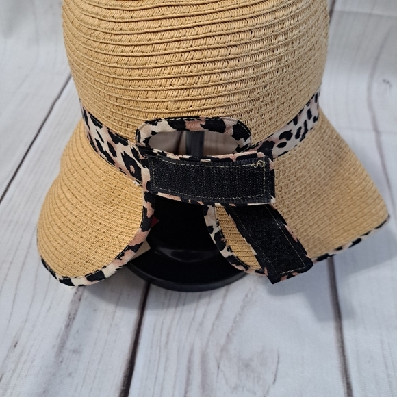 Vince Camuto Packable Tan Wide Brim Hat with Leopard Trim - Picture 3 of 5